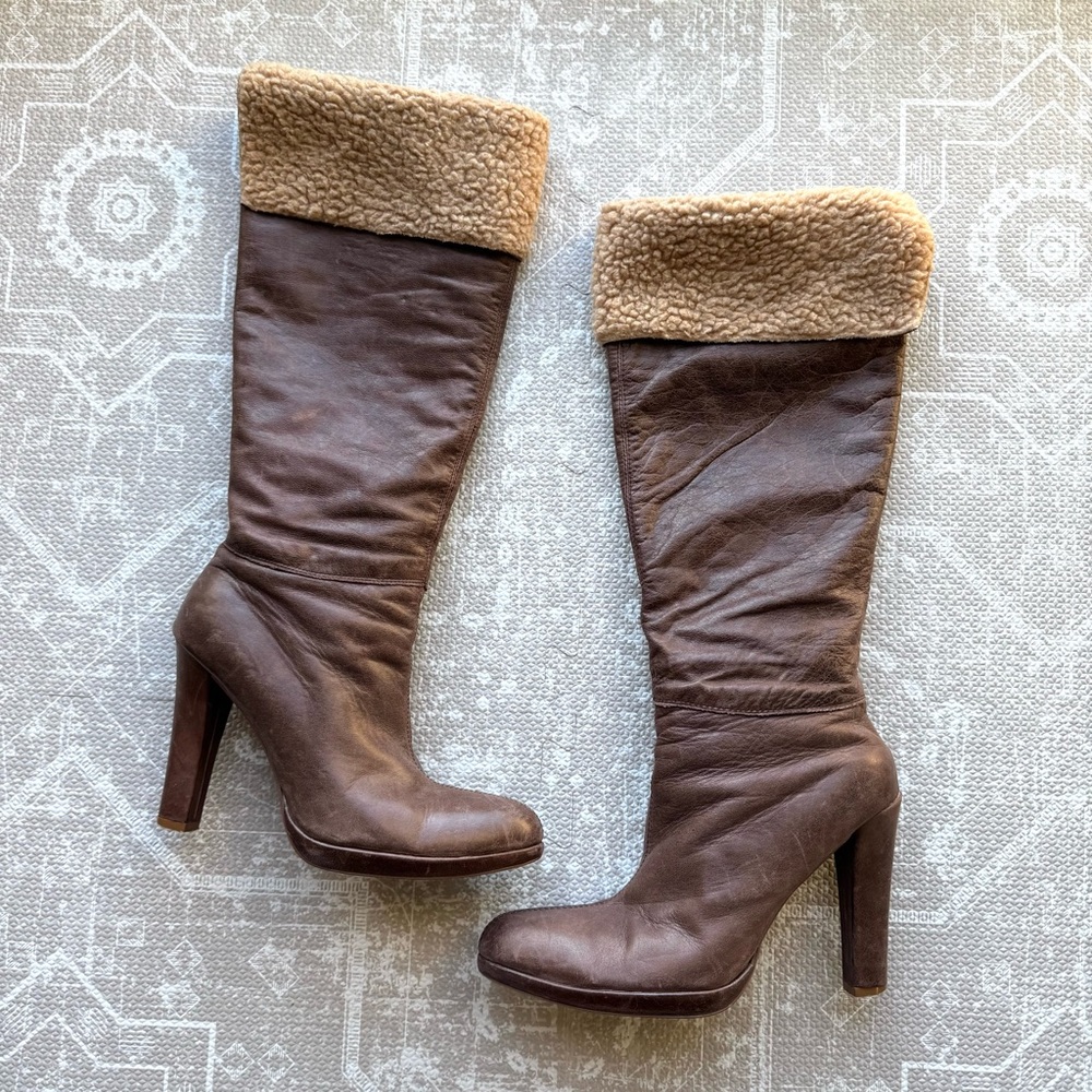NaNa Leather Knee High Heeled Boots Shearling Foldover Cuffs